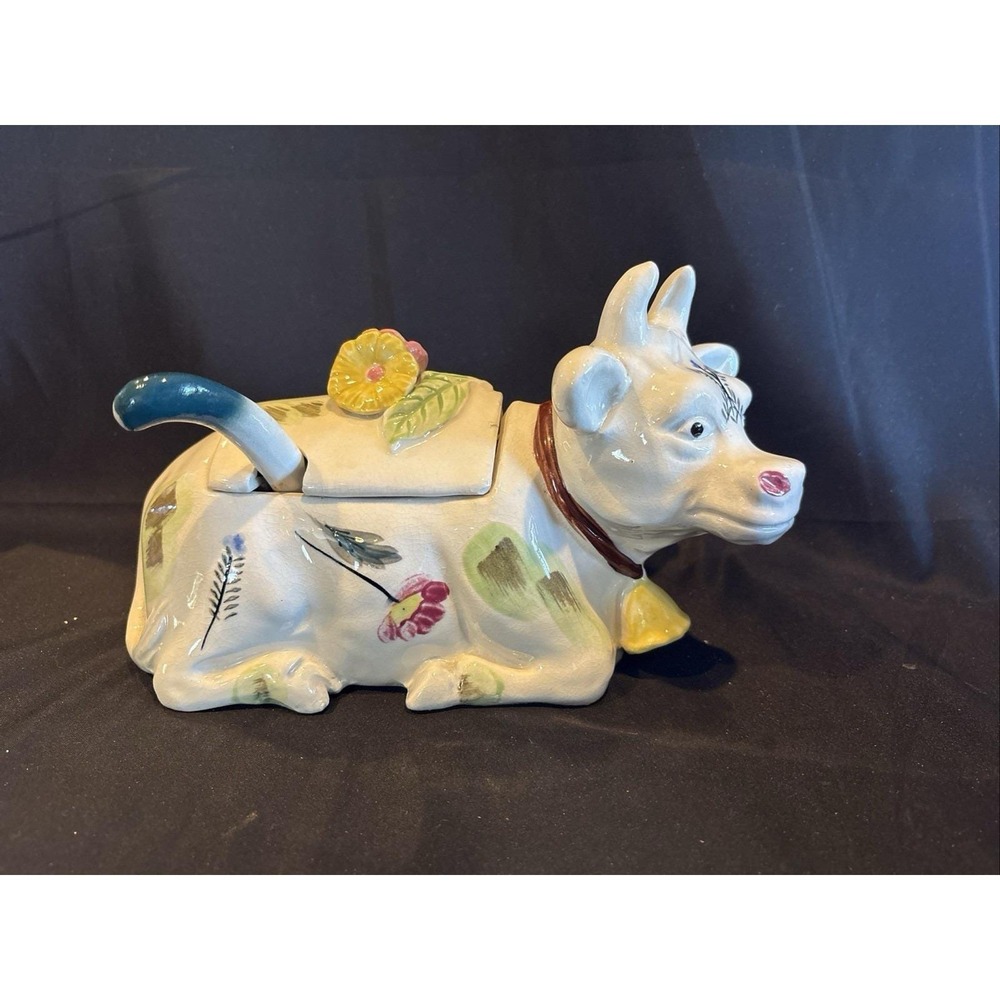 Royal Hand Painted Ceramic Floral Cow Tureen with Lid and Ladle